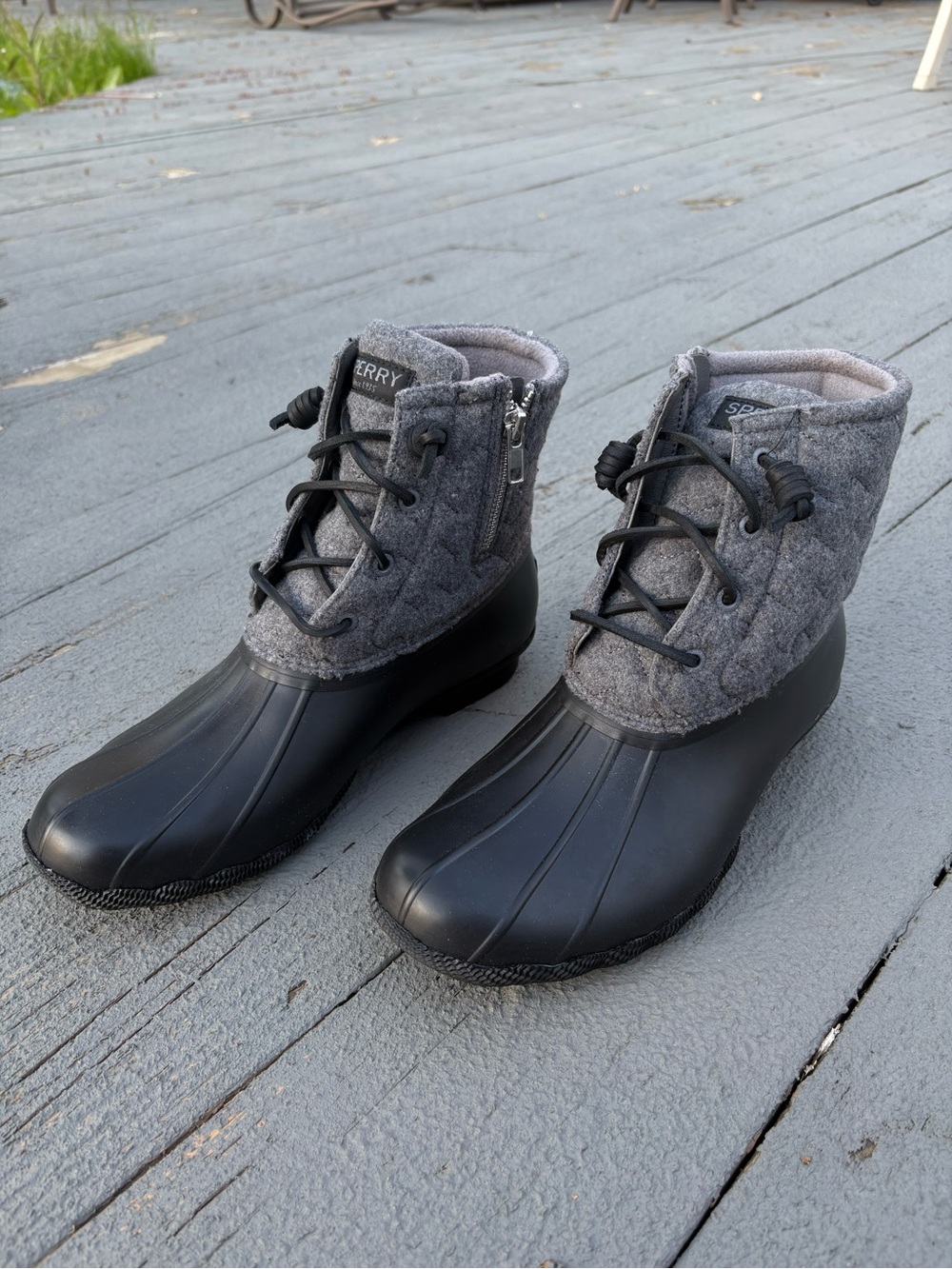 Sperry Black and Gray Quilted Duck Boots